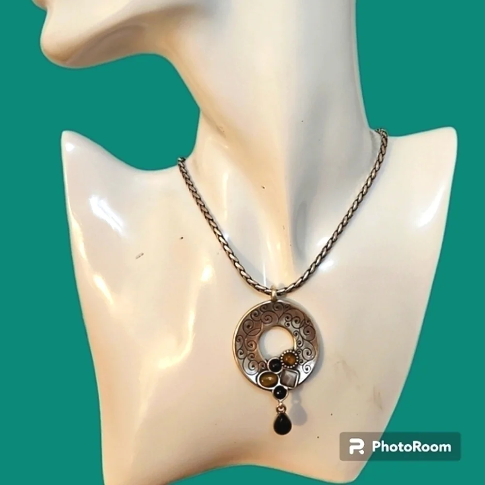 BRIGHTON Silver Plated Eye of the Tiger Gemstone Circle Pendant Necklace